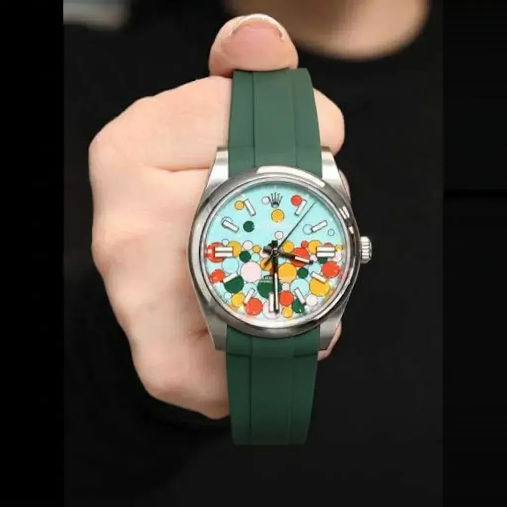 Rolex Oyster Perpetual on Green Smooth FKM Rubber strap