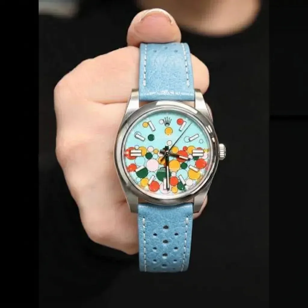 Rolex Oyster Perpetual on Light Blue Perforated Leather Rally