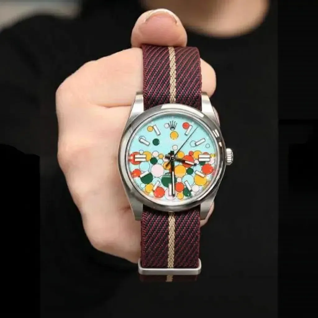 Rolex Oyster Perpetual on Burgundy Woven Single Pass