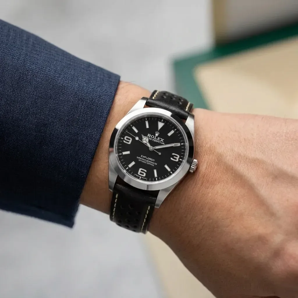 Rolex Explorer on Perforated Leather Rally (White Stitching)