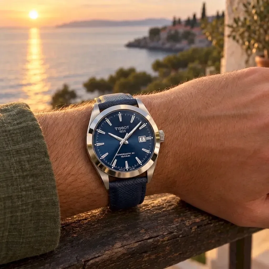 Tissot Gentleman on Navy Thinline Saffiano strap
